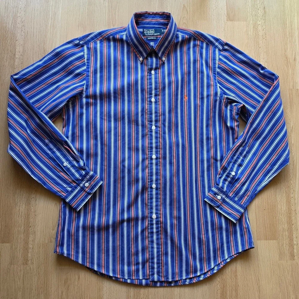 Polo Ralph Lauren Vintage Mens Custom Fit Striped Button Down Shirt Blue Red L‎